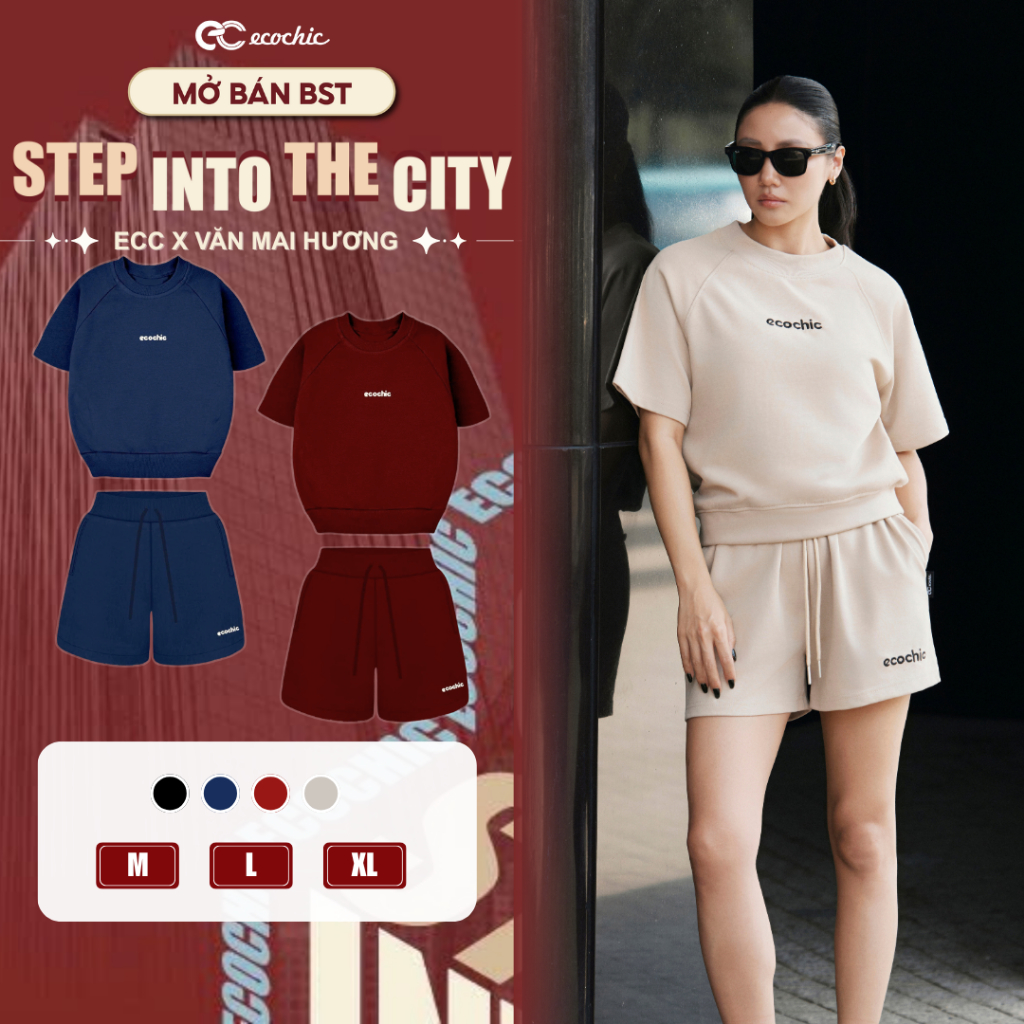 Set Bộ Đùi Ecochic Áo Cổ Tròn Basic Logo Thêu Quần Ngắn Cạp Chun Chất Liệu Cao Cấp B224 | BigBuy360 - bigbuy360.vn