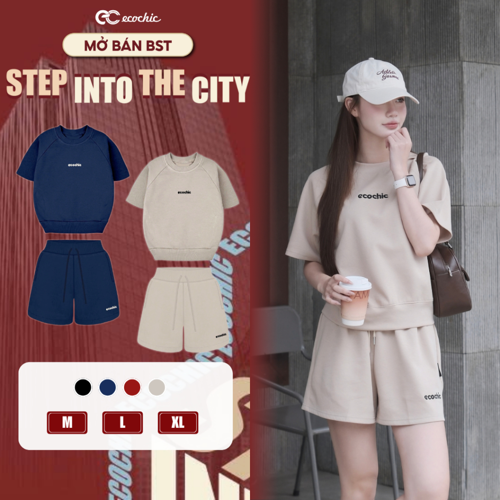 Set Bộ Đùi Ecochic Áo Cổ Tròn Basic Logo Thêu Quần Ngắn Cạp Chun Chất Liệu Cao Cấp B224 | BigBuy360 - bigbuy360.vn