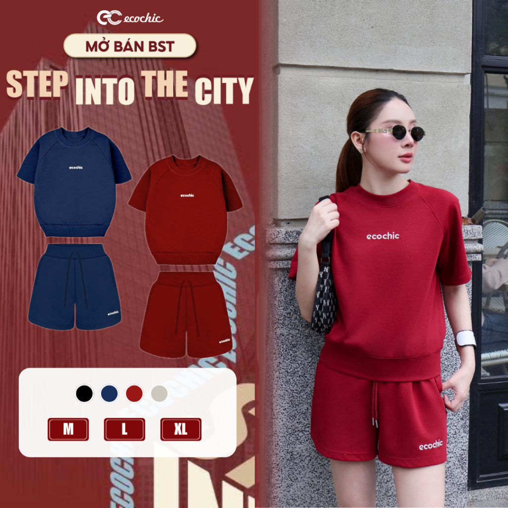 Set Bộ Đùi Ecochic Áo Cổ Tròn Basic Logo Thêu Quần Ngắn Cạp Chun Chất Liệu Cao Cấp B224 | BigBuy360 - bigbuy360.vn