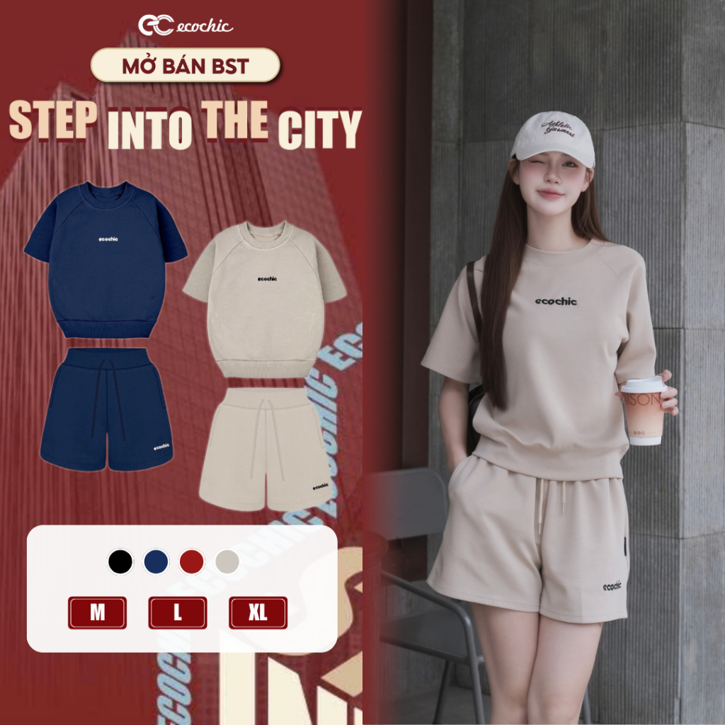 Set Bộ Đùi Ecochic Áo Cổ Tròn Basic Logo Thêu Quần Ngắn Cạp Chun Chất Liệu Cao Cấp B224 | BigBuy360 - bigbuy360.vn