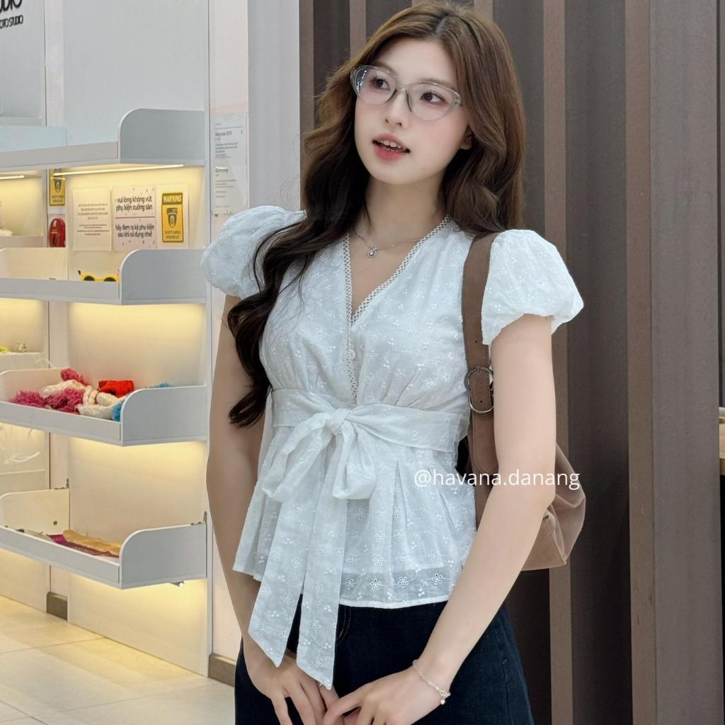 [BST HÈ 2026 - CHIOCO] Áo kiểu nữ ELLA top thô boil tay bồng cổ V đắp chéo phối cách điệu nơ buộc Si