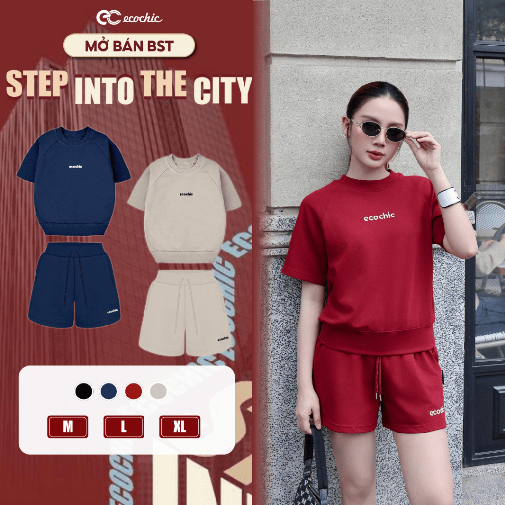 Set Bộ Đùi Ecochic Áo Cổ Tròn Basic Logo Thêu Quần Ngắn Cạp Chun Chất Liệu Cao Cấp B224 | BigBuy360 - bigbuy360.vn