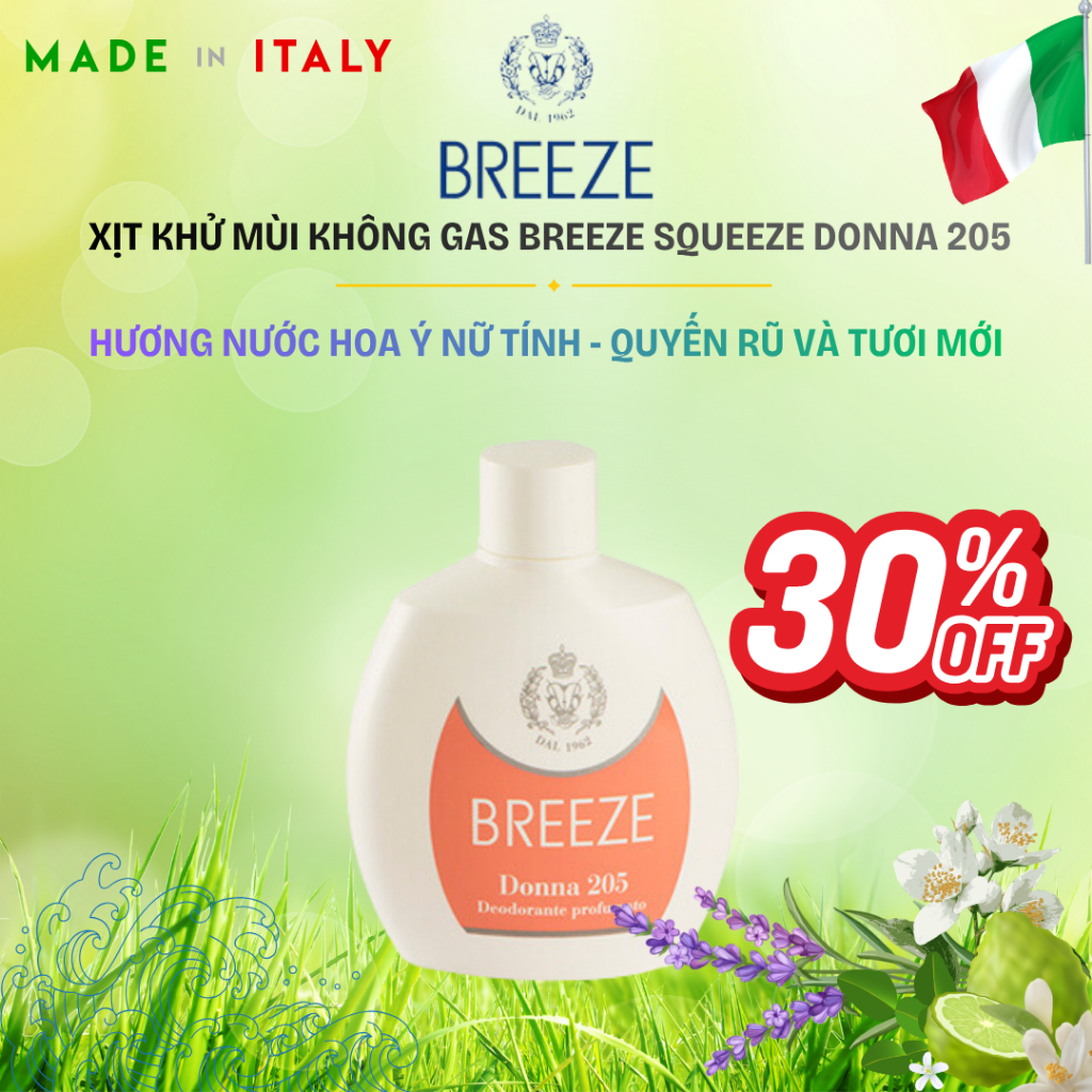 [GIẢM 30%] Xịt Khử Mùi Cơ Thể Nữ Không Gas Breeze Squeeze Donna 205 100ml – Khử Mùi 48h