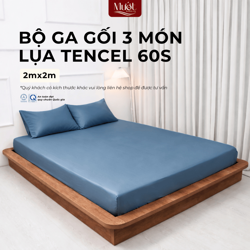 Bộ ga gối 3 món nệm kích thước 2mx2m Lụa Tencel 60s Mướt Bedding cao cấp trơn màu