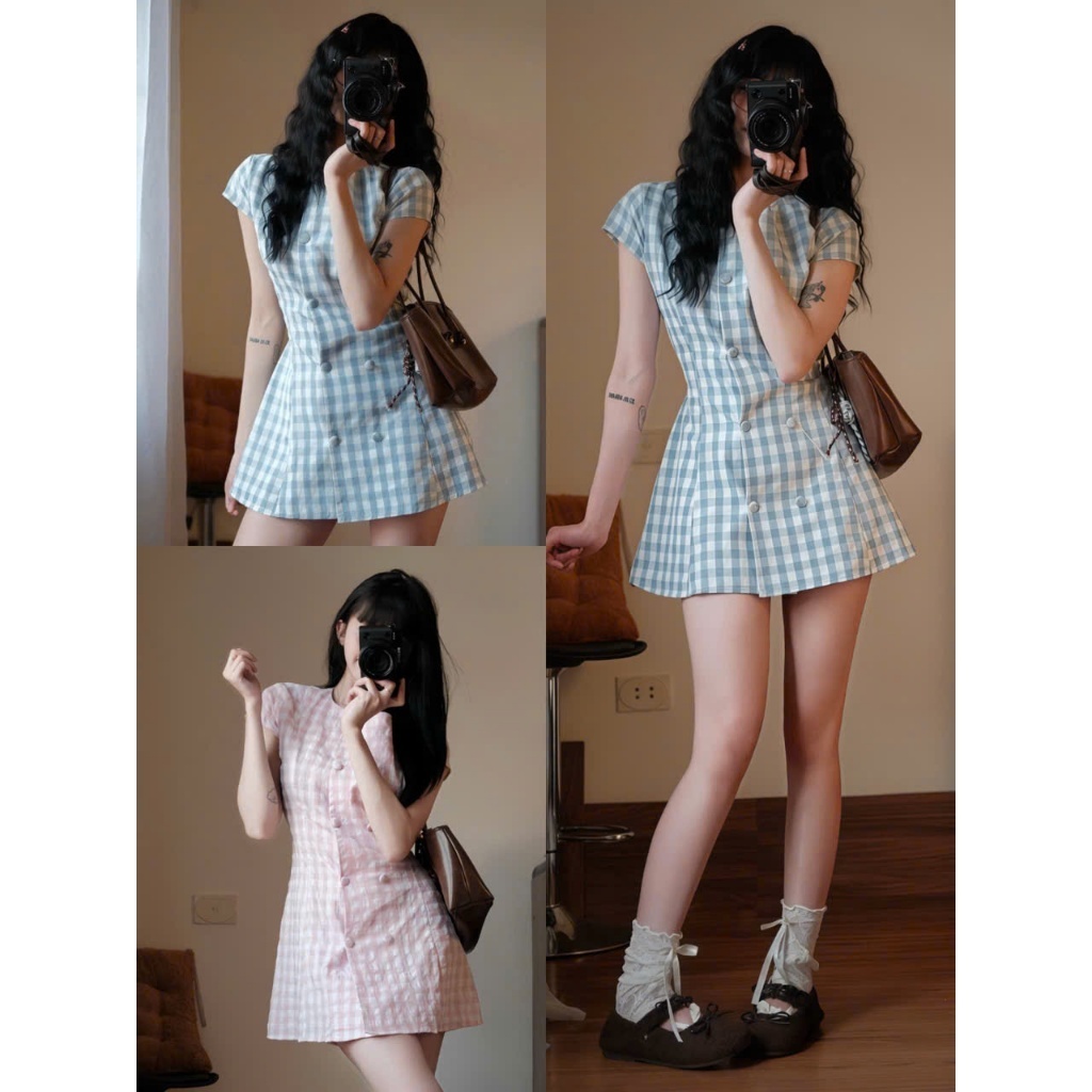3 𝙏𝒉𝙖𝒐𝙫𝒊_𝑼𝙡𝒍𝙯𝒂𝙣𝒈// Váy Kẻ Caro Nữ Cúc Bọc Dáng Suông hè - Đầm Caro Hàn Quốc Ulzzang Chất Liệu Mát Siêu Dễ Thương