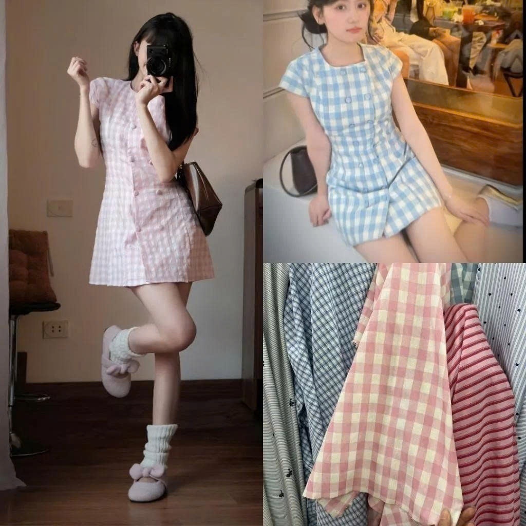 Váy Kẻ Caro Nữ Cúc Bọc Dáng Suông hè - Đầm Caro Hàn Quốc Ulzzang  Chất Liệu Mát, 2 Màu Caro Hồng, Ca