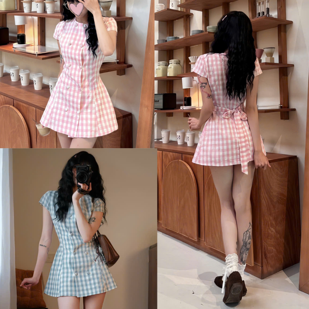 Váy Kẻ Caro Nữ Cúc Bọc Dáng Suông hè - Đầm Caro Hàn Quốc Ulzzang Chất Liệu Mát, 2 Màu Caro Hồng, Car