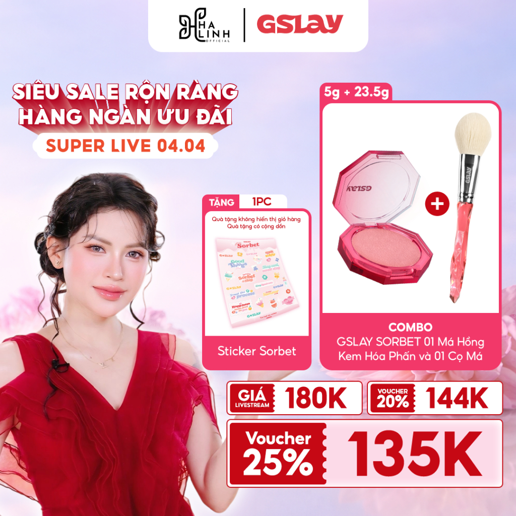 [Võ Hà Linh x GSLAY] COMBO GSLAY SORBET 01 Má Hồng Kem Hóa Phấn (5g) và 01 Cọ Má (23,5g) Tặng 01 Sti