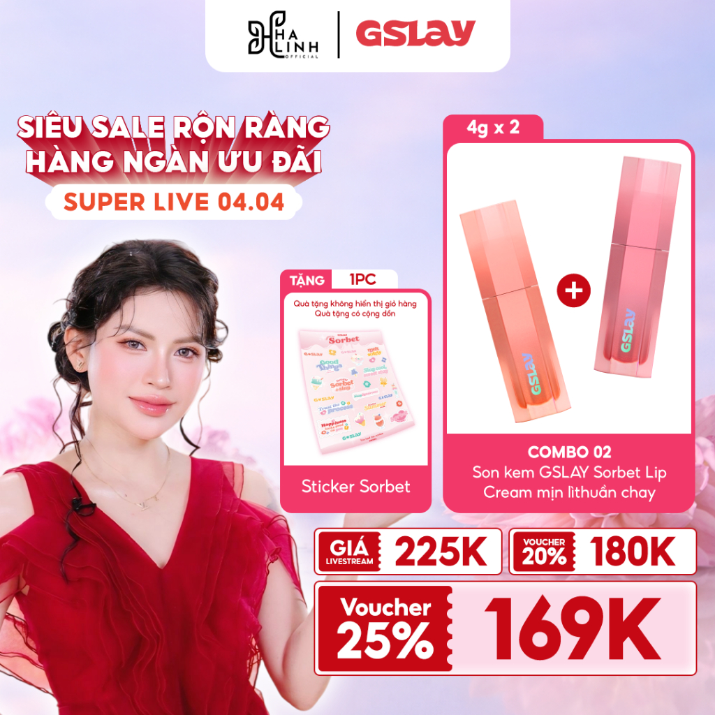 [Võ Hà Linh x GSLAY] COMBO 02 Son kem GSLAY Sorbet Lip Cream mịn lì thuần chay (4gr) Tặng 01 Sticker