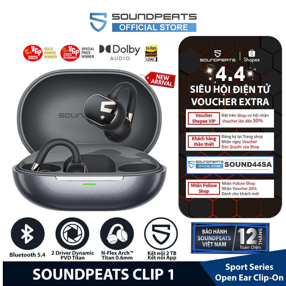 Tai Nghe True Wireless SoundPEATS Clip 1 | Driver Dynamic DVP Titan Kép | DynamicEQ Pro | Bluetooth 5.4 | BigBuy360 - bigbuy360.vn
