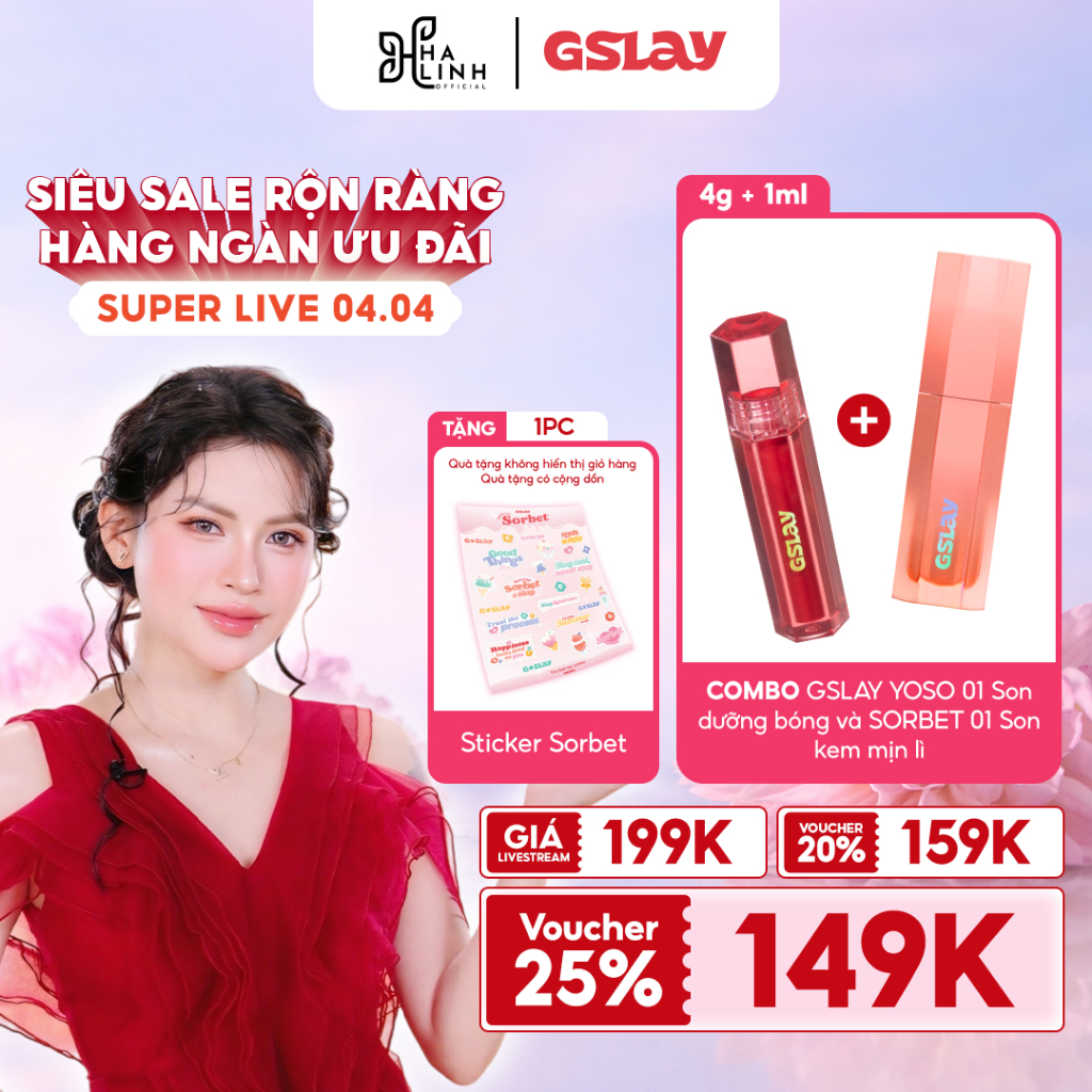 [VHL x GSLAY] COMBO GSLAY YOSO 01 Son dưỡng bóng (1ml) và SORBET 01 Son kem mịn lì (4g) Tặng 01 Stic