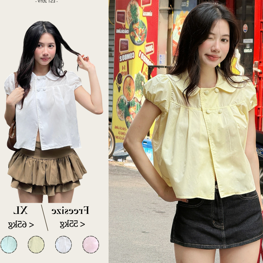 𝙏𝒉𝙖𝒐𝙫𝒊_𝑼𝙡𝒍𝙯𝒂𝙣𝒈// Áo babydoll 4 cúc tay bồng cổ sen, Áo kiểu babydoll dễ thương 4 Màu dễ Phối A596 | BigBuy360 - bigbuy360.vn