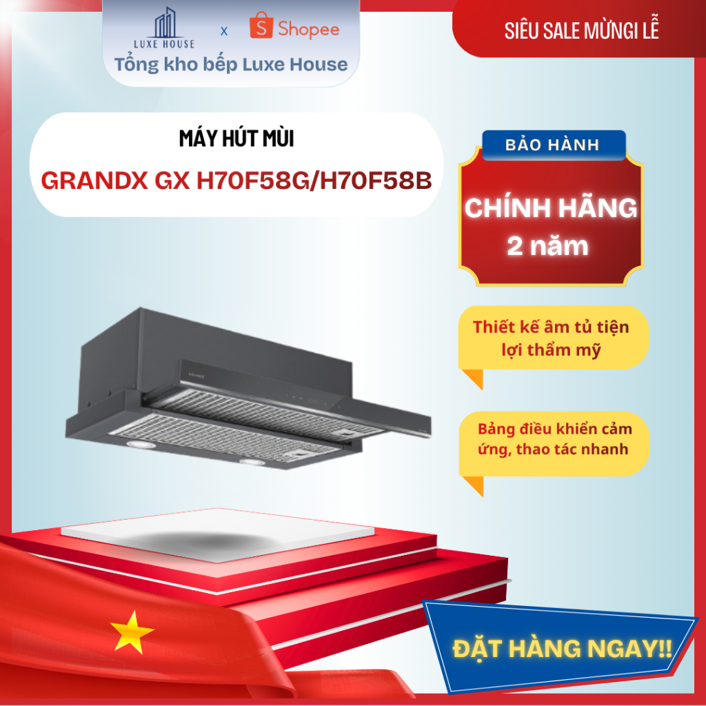 Máy Hút Mùi Âm Tủ GRANDX GX H70F58G/H70F58B | Khổ 70cm | Mặt Kính | Điều Khiển Cảm Ứng | Bảo Hành 3 