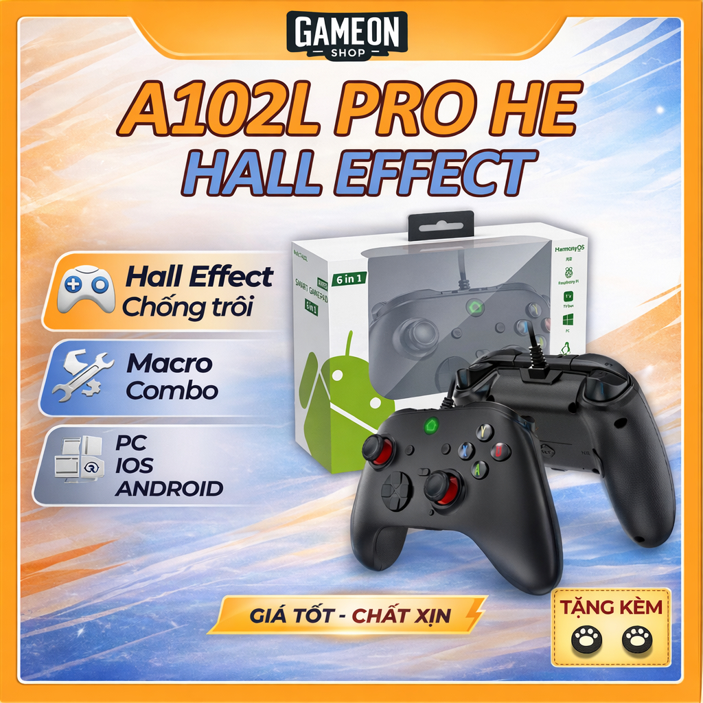 Tay cầm chơi game A102L Pro 2025, Hall Effect, Macro full skill FC Online, tay cầm có dây cho PC, An