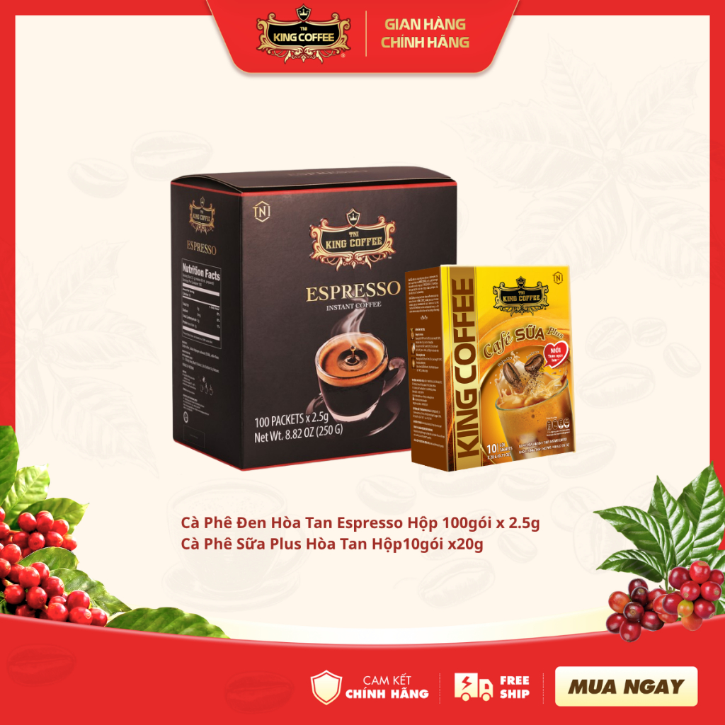 Combo KING COFFEE 1 Hộp Hòa Tan Espresso Hộp 100 gói x 2.5g + Kèm 1 Hộp CF SỮA PLUS Hộp 10 gói x 20g