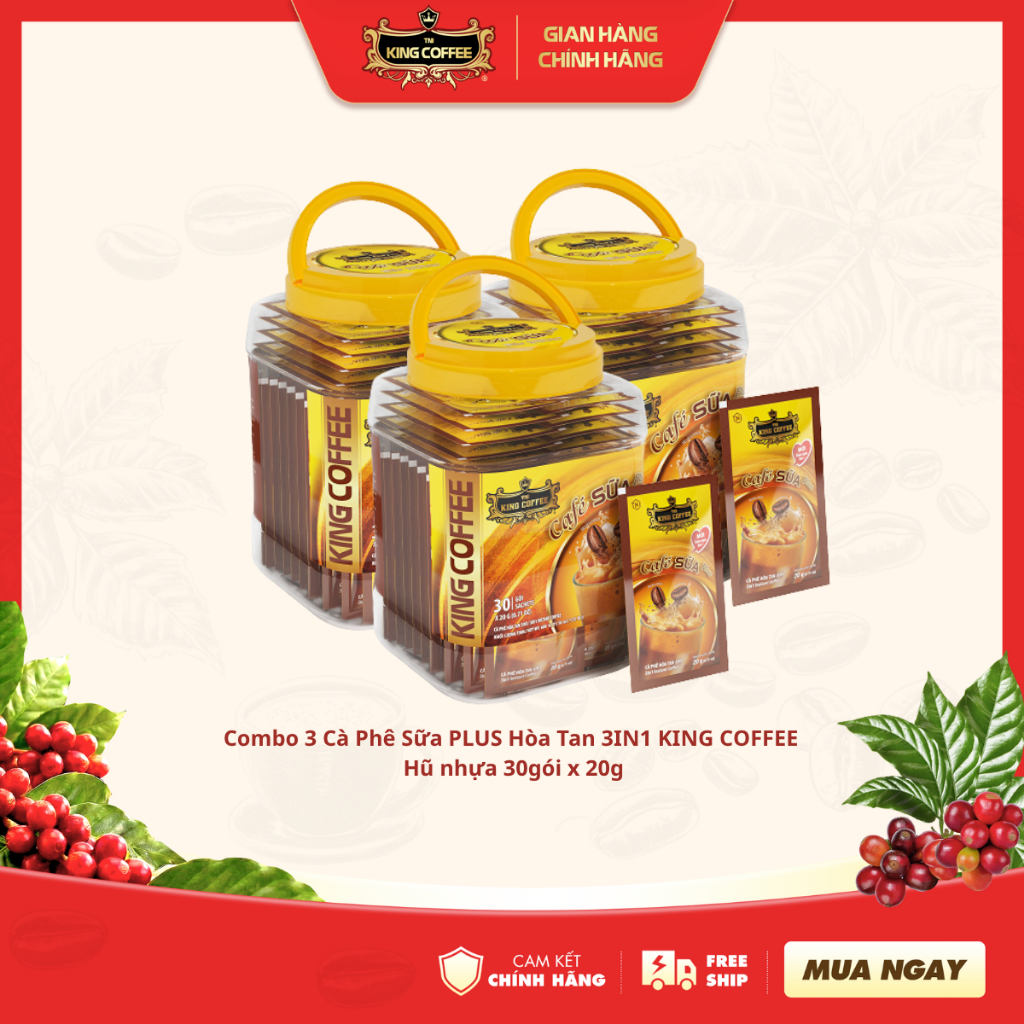 Combo KING COFFEE 3 Hũ Cà Phê PLUS Sữa Hòa Tan 3IN1 KING COFFEE - 30 gói x 20g/ 1 hũ