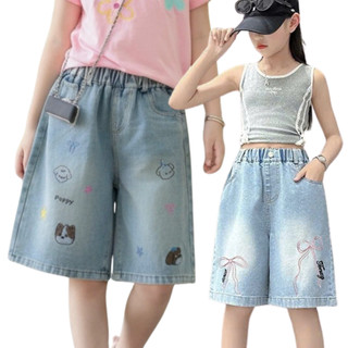 (16-50kg) short jean ngố bé gái in hoa tiết dễ thương , ngang gối quần sooc bò sành  điệu hình gấu pupy