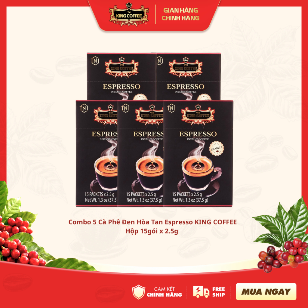 Combo KING COFFEE 5 Hộp Cà Phê Đen Hòa Tan Espresso KING COFFEE -Hộp 15 gói x 2.5g-Chuẩn vị Cà phê Ý