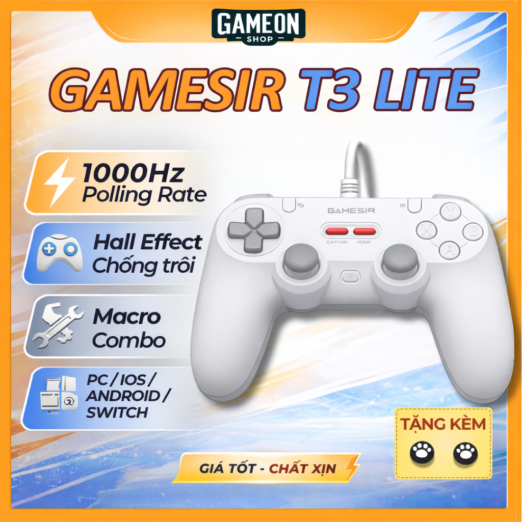 Tay cầm cắm dây GameSir T3 LITE – HE Hall Effect, 2 nút Macro hành trình, Polling Rate 1000hz, PC, A