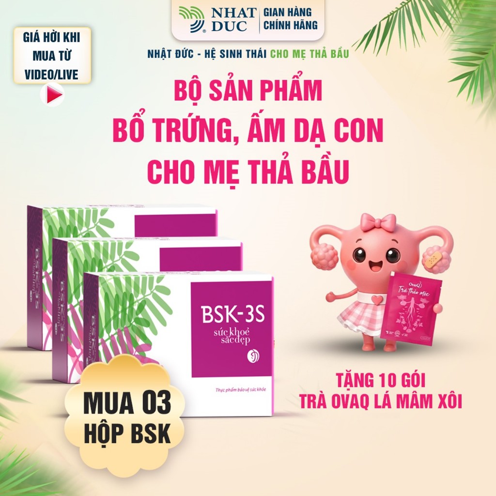 Bộ sản phẩm bổ trứng, BSK-3S TPBVSK hỗ trợ hạn chế gốc tự do,hỗ trợ n.t,Hộp 20 gói  phù hợp cho p/nữ
