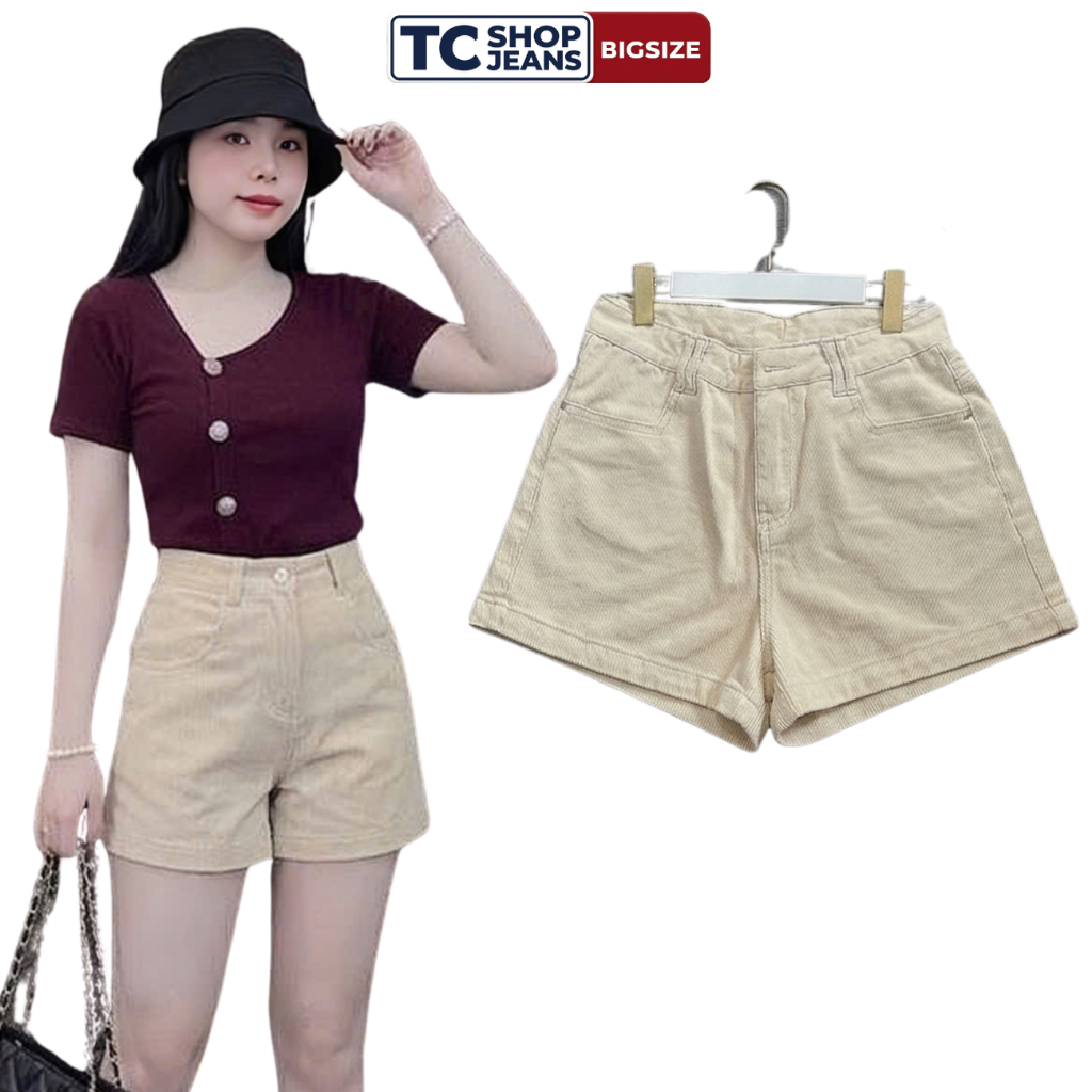 Quần Short Jean Nữ Lưng Cao Màu Kem  TC SHOP JEANS BIGSIZE 55kg-90kg  Chất Jean QC Mang Hằng Ngày Mã