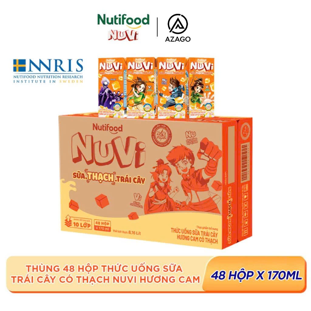 Thùng 48 Hộp Nuvi Sữa Thạch Cacao / Thạch Dâu / Thạch Cam 170ml - AZAGOHN