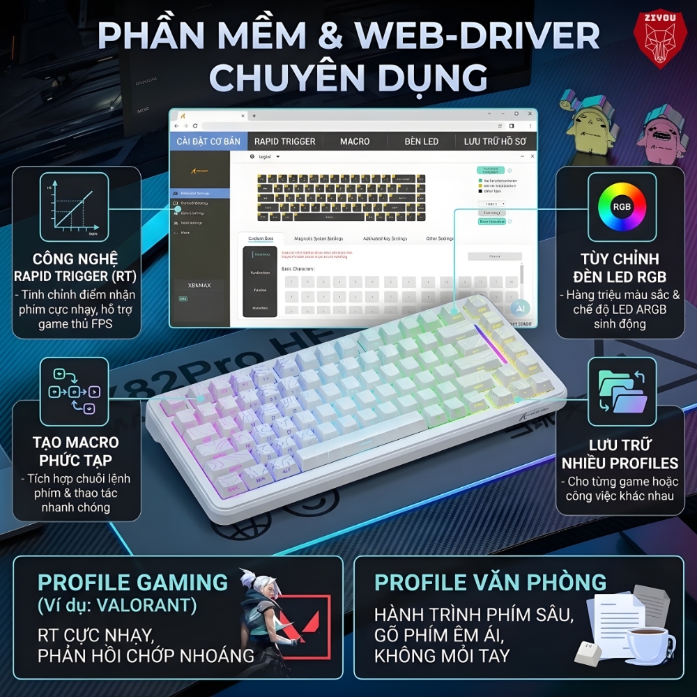 Bàn Phím Cơ Không Dây Rapid Trigger Ziyou Attack Shark X82 Pro HE LED RGB, Pin 5000mAh, 8KHz, 3 Mode | BigBuy360 - bigbuy360.vn