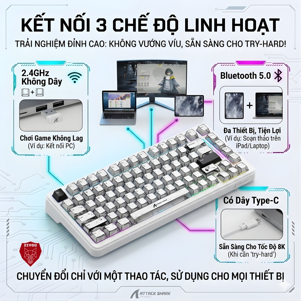 Bàn Phím Cơ Không Dây Rapid Trigger Ziyou Attack Shark X82 Pro HE LED RGB, Pin 5000mAh, 8KHz, 3 Mode | BigBuy360 - bigbuy360.vn
