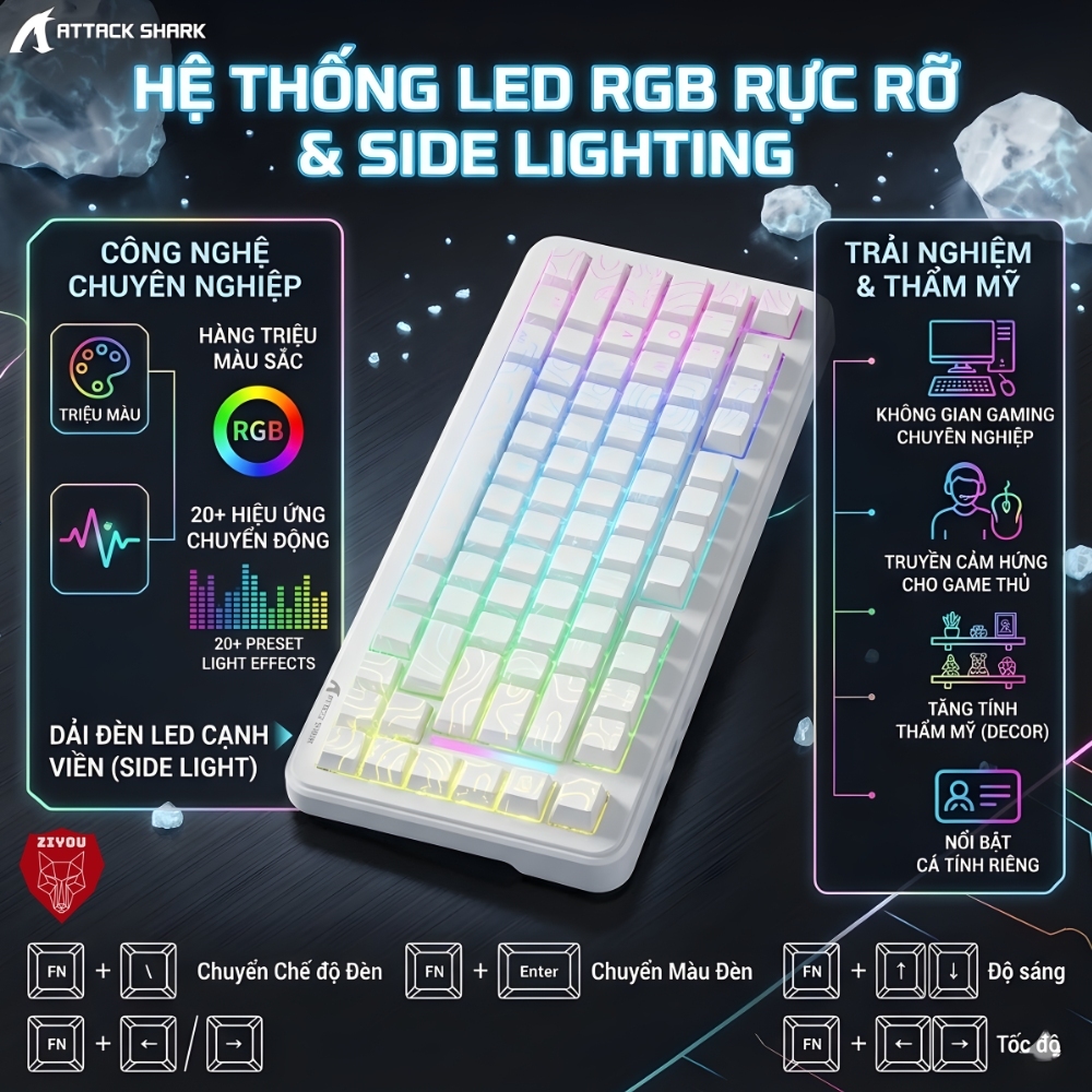Bàn Phím Cơ Không Dây Rapid Trigger Ziyou Attack Shark X82 Pro HE LED RGB, Pin 5000mAh, 8KHz, 3 Mode | BigBuy360 - bigbuy360.vn