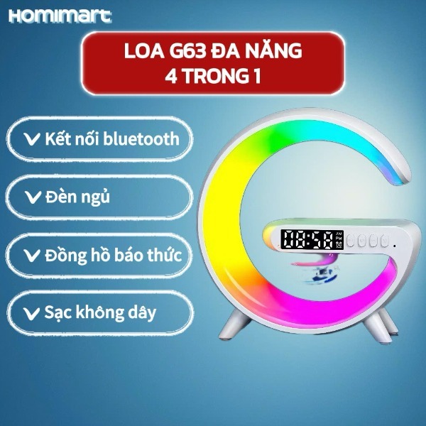 Loa Bluetooth G63, Loa Chữ G Kèm Đồng Hồ Báo Thức, Kết Nối Bluetooth, Đèn Ngủ Đổi Màu, Sạc Điện Thoạ