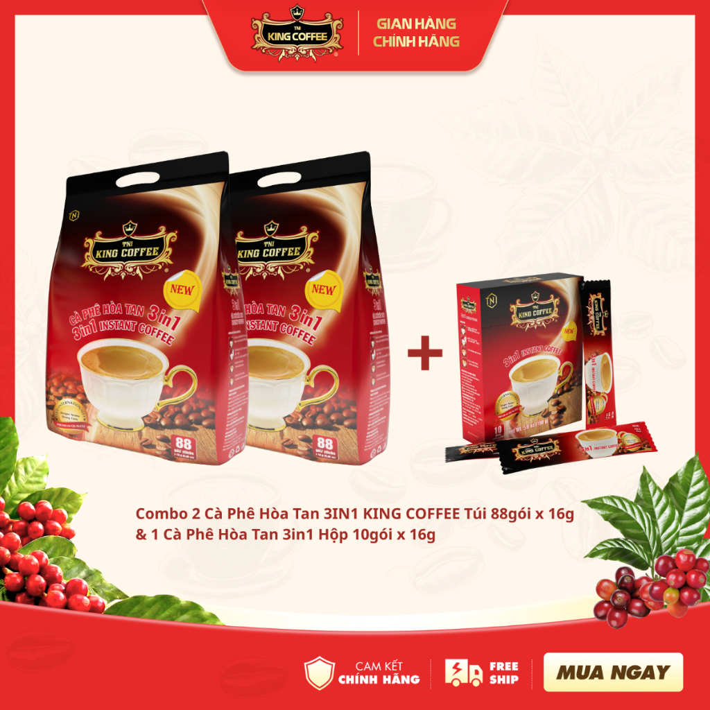 Combo KING COFFEE 2 Túi Cà Phê Hòa Tan 3IN1 KING COFFEE- 88 gói x 16g + Kèm 1 Cà Phê Hòa Tan 3in1 Hộ