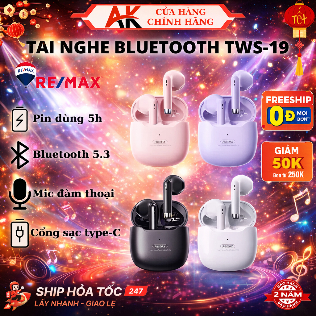 Tai Nghe Bluetooth TWS-19 Remax Có Mic Thoại, Cảm Ứng, Pin 5h, Bảo Hành 24 Tháng