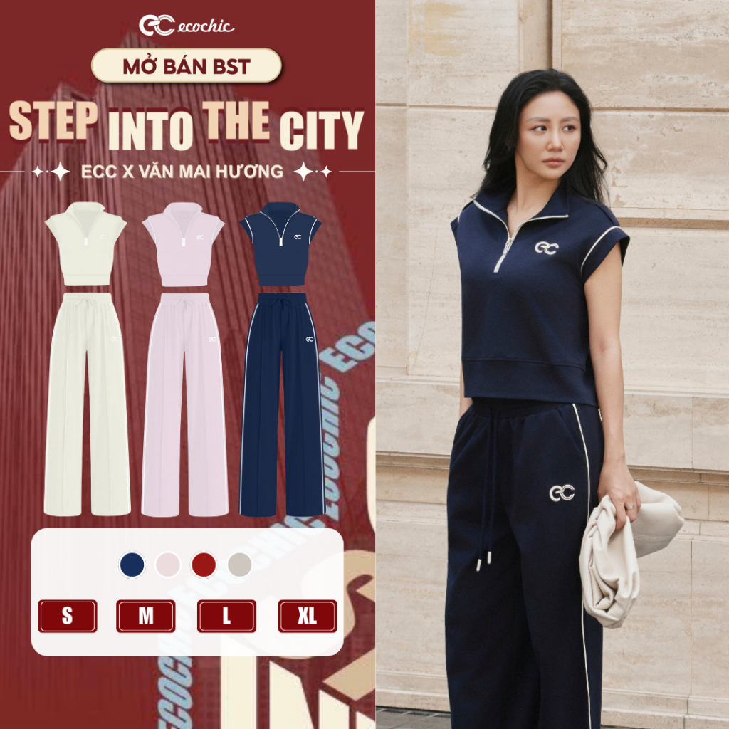 (Tặng túi da) Set Bộ Áo Sát Nách ECOCHIC Ngắn Tay Cổ Áo Halfzip Logo Thêu Quần Suông Chất Liệu Cao Cấp Chính Hãng B229 | BigBuy360 - bigbuy360.vn