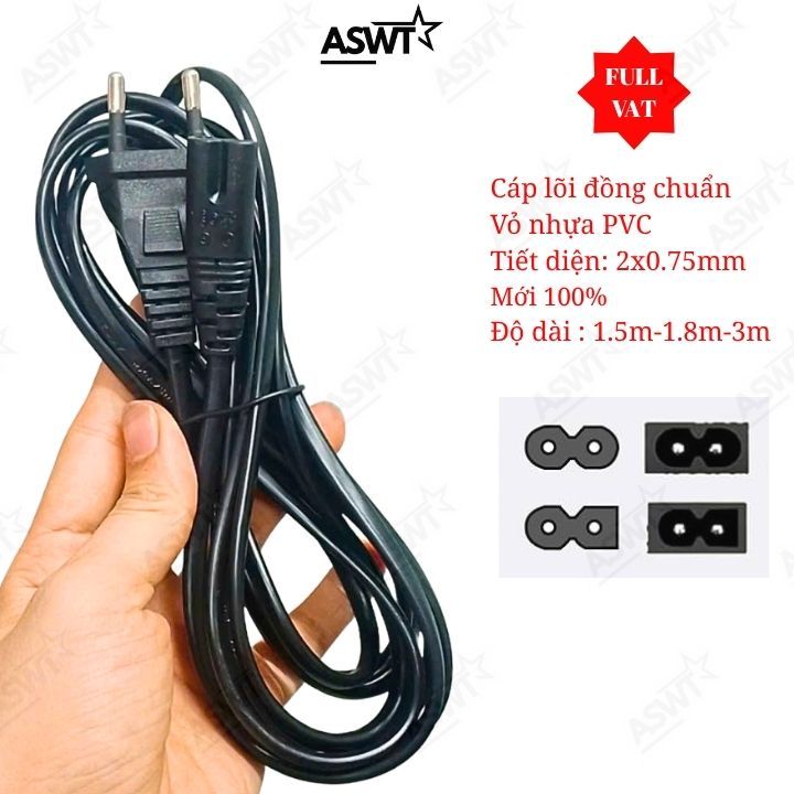Cáp nguồn số 8 cho Tivi Xiaomi 32inch 43inch 55inch 65inch lõi đồng chống cháy nổ - 1.5m -1.8m -3m, 