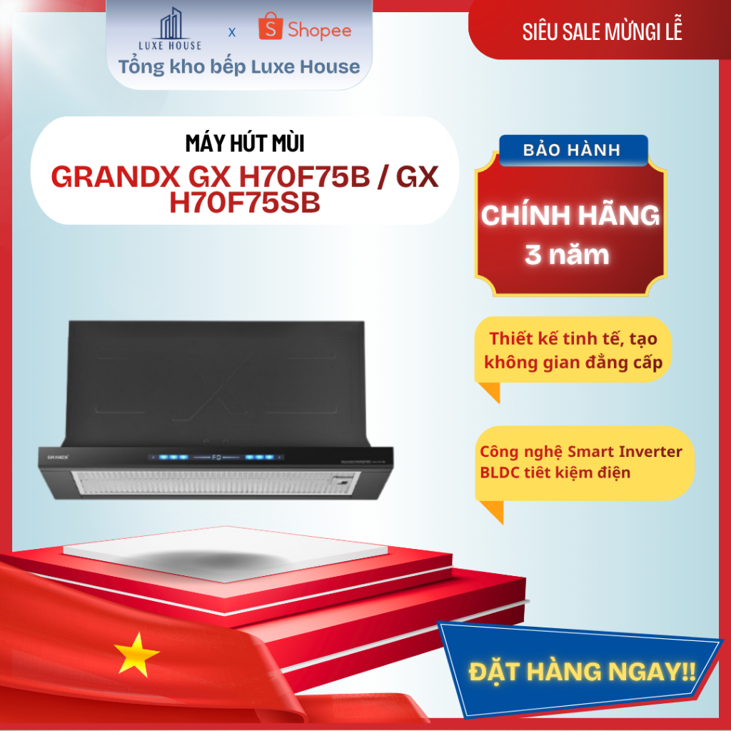 Máy Hút Mùi GRAND X GX H70F75B H70F75G Kéo Rút Telescopic, Cảm Ứng, Động Cơ Inverter BLDC,1150m3/h