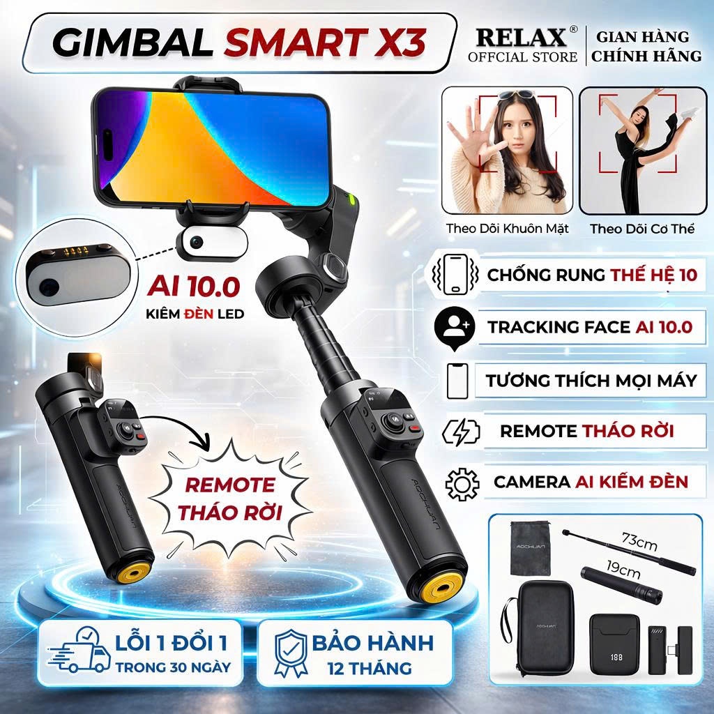 Gimbal SMART X3 PRO phiên bản 2026, Gymbal chống rung điện thoại quay phim chụp ảnh theo dõi vật thể