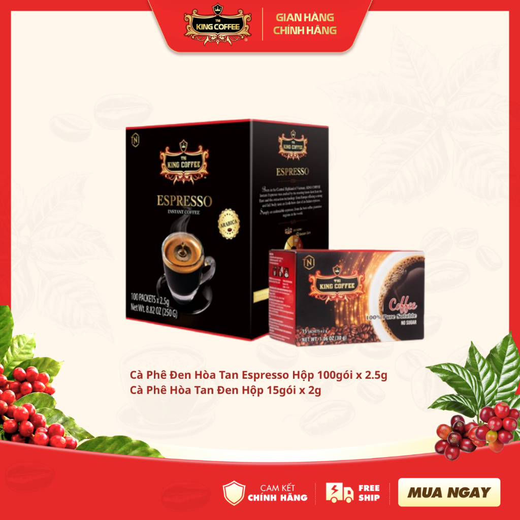 Combo KING COFFEE 1 Hộp Hòa tan đen Espresso - Hộp 100 gói x 2.5g + 1 Hộp CF 100% Đen Hộp 15 gói x2g