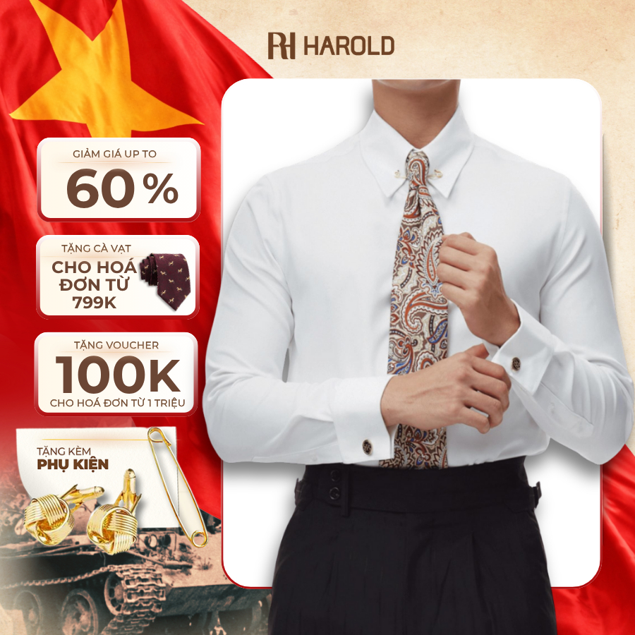 Áo Sơ Mi Nam Trắng Dài Tay Nam Cao Cấp Harold Collar Pin Cufflinks Công Sở Thanh Lịch, Slimfit Tôn D