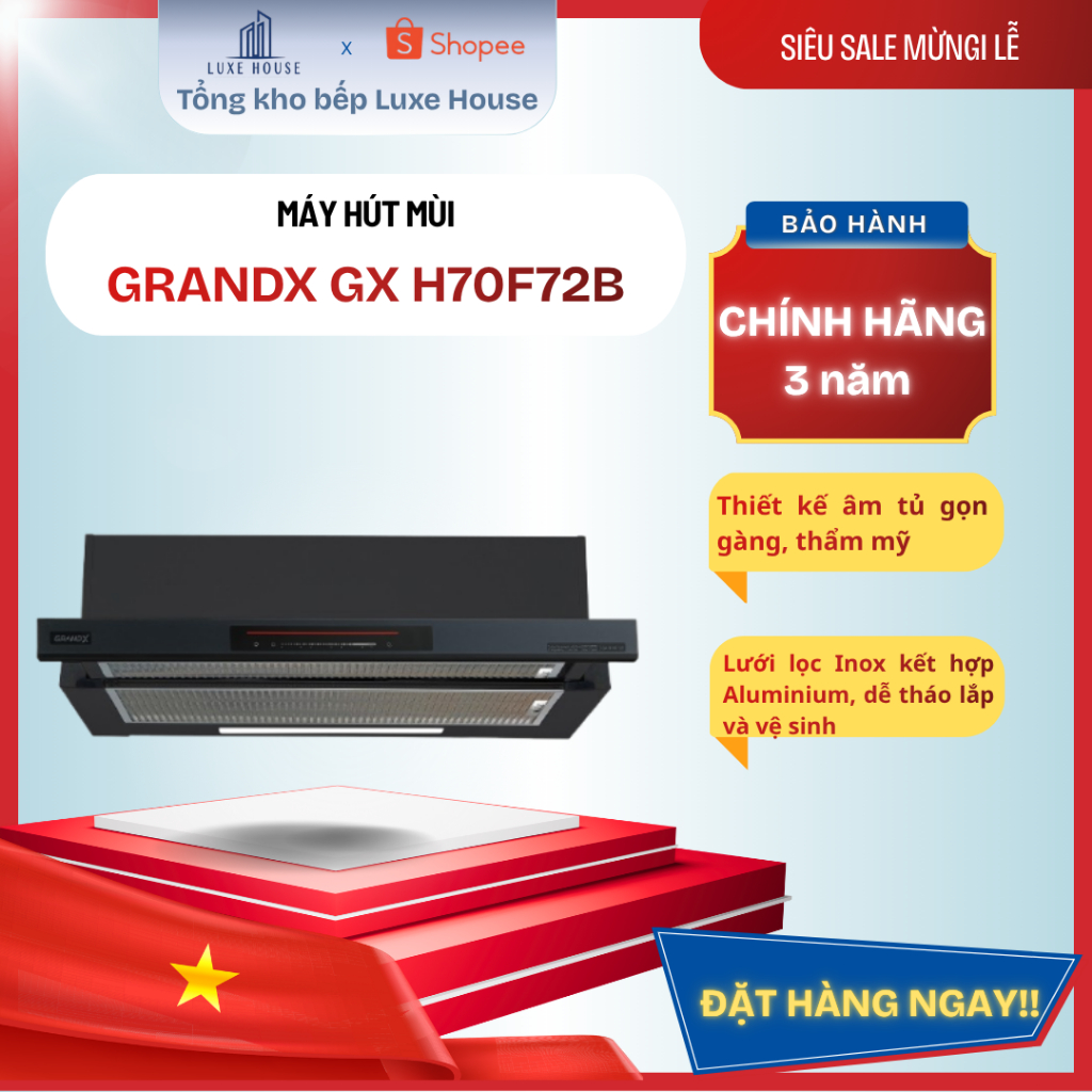 Máy Hút Mùi Âm Tủ GRAND X GX H70F72B Kéo Rút Telescopic, Inverter BLDC, Cảm Ứng, 980m3/h