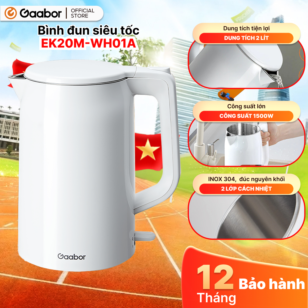 Gaabor Ấm siêu tốc 2L EK20M-WH01A bình đun công suất 1500W cao cấp ấm đun inbox 304 cách nhiệt [L]