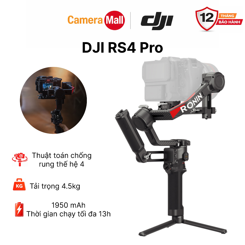 Gimbal máy ảnh DJI RS 4 PRO chống rung cho camera DSLR và Mirrorless tải trọng 4,5kg, quay dọc linh 