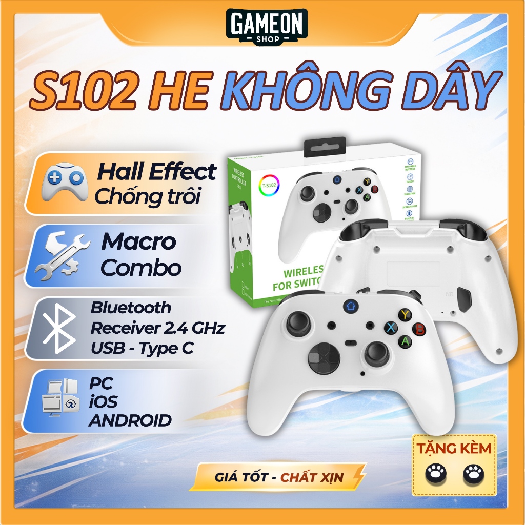Tay cầm chơi game không dây S102 với Hall Effect, Macro hành trình cho PC, Laptop, Android, iOS, tay
