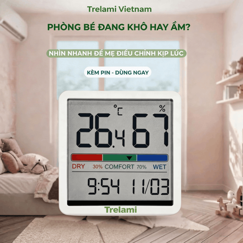 Nhiệt ẩm kế phòng bé Trelami NK5253, nhìn nhanh biết phòng khô hay ẩm