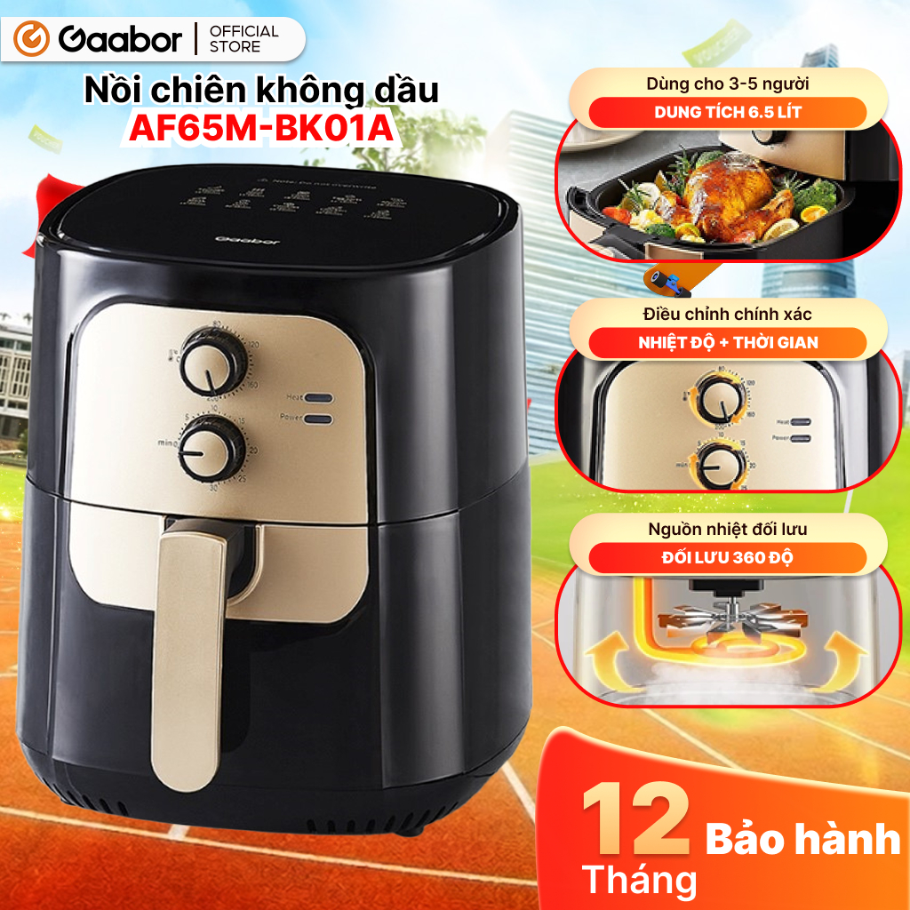 Gaabor Nồi chiên không dầu 6.5 lít AF65M-BK01A công suất mạnh 1400W menu 10 chế độ nấu, bảo hành 12 