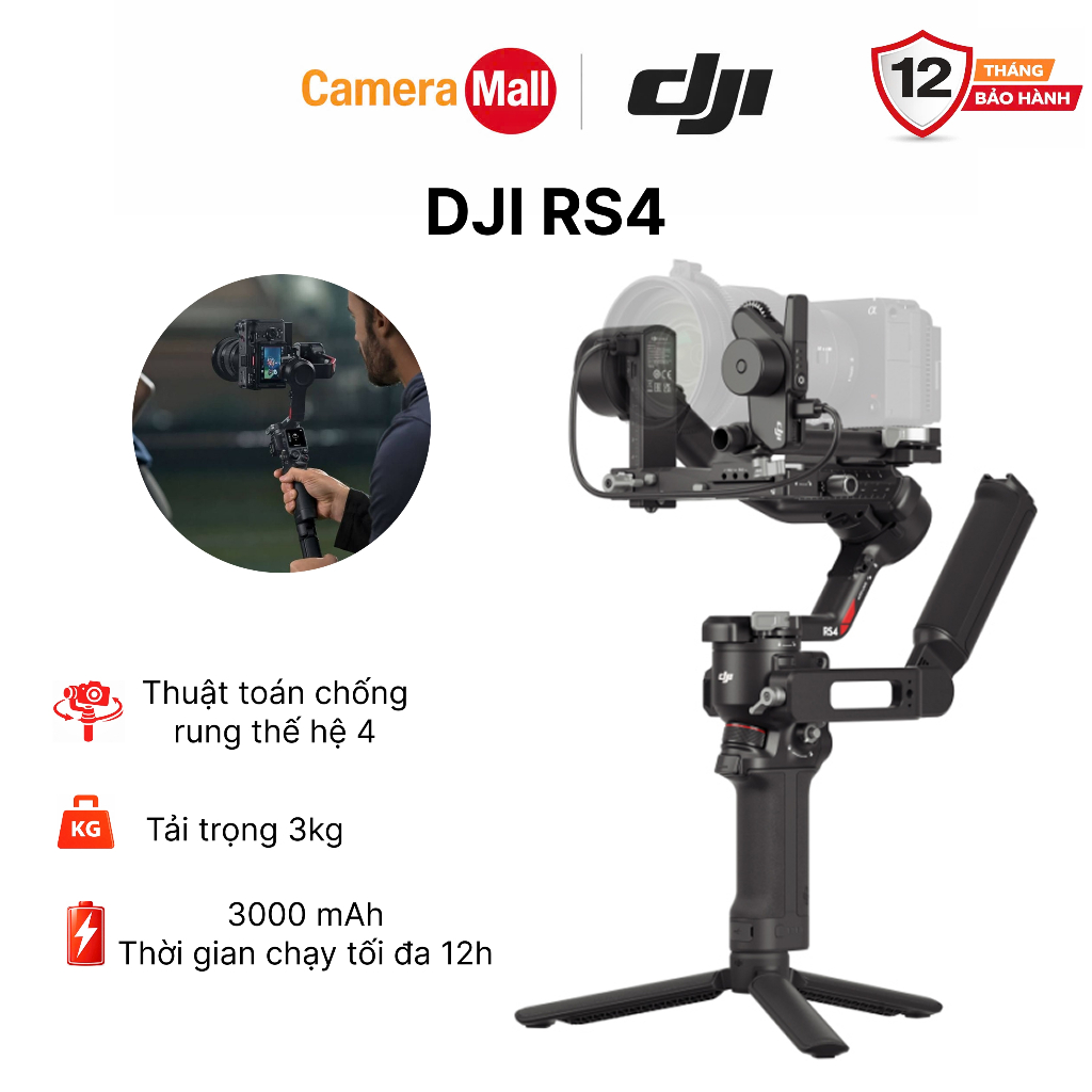 Gimbal máy ảnh DJI RS 4 chống rung cho camera DSLR và Mirrorless tải đến 3kg, quay dọc linh hoạt (DJ