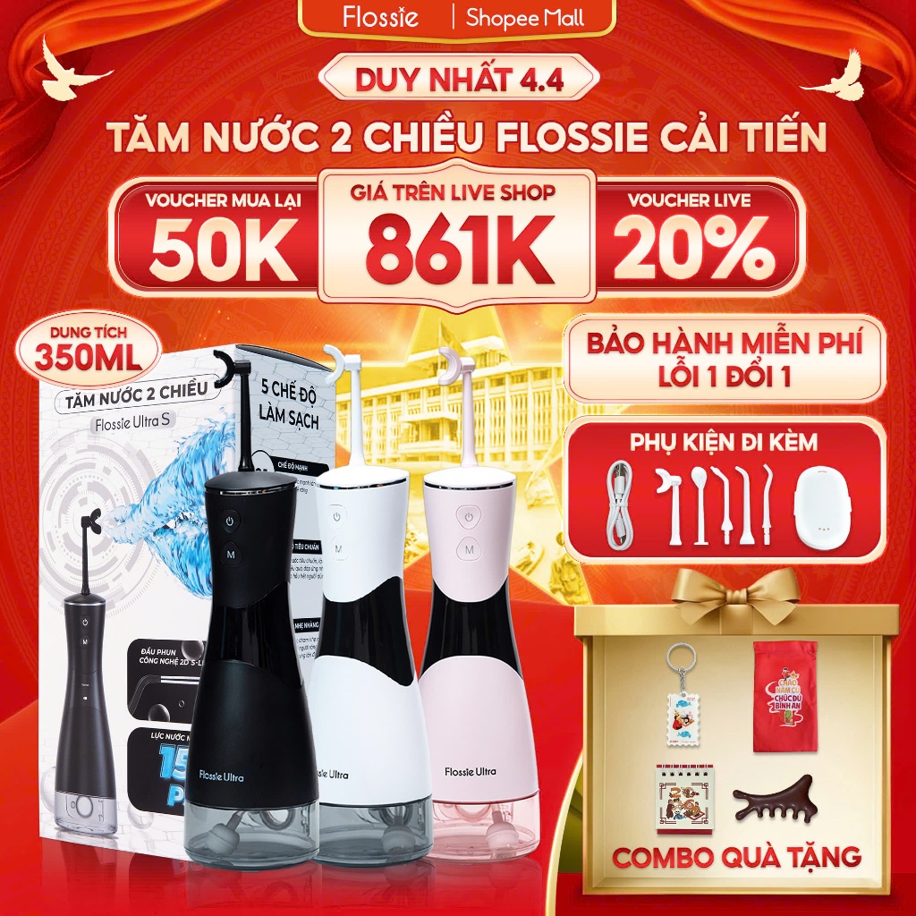 [GIÁ 839K LIVE ECOGO] Máy tăm nước Flossie Ultra vòi phun 2 chiều, công nghệ xoay 360 độ cho người n