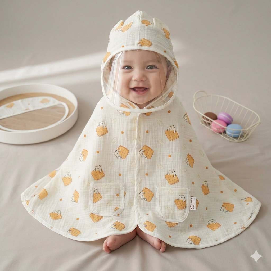 Áo choàng nắng có chắn kính muslin cao cấp cho bé  – Áo choàng chống nắng họa tiết dễ thương