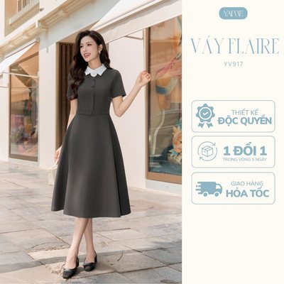 Váy Nữ Thiết Kế Yame Dáng Dài Xám Đậm Cổ Phối Trắng Kèm Tag Cài Hoa Trà Thanh Lịch Flaire - YV917