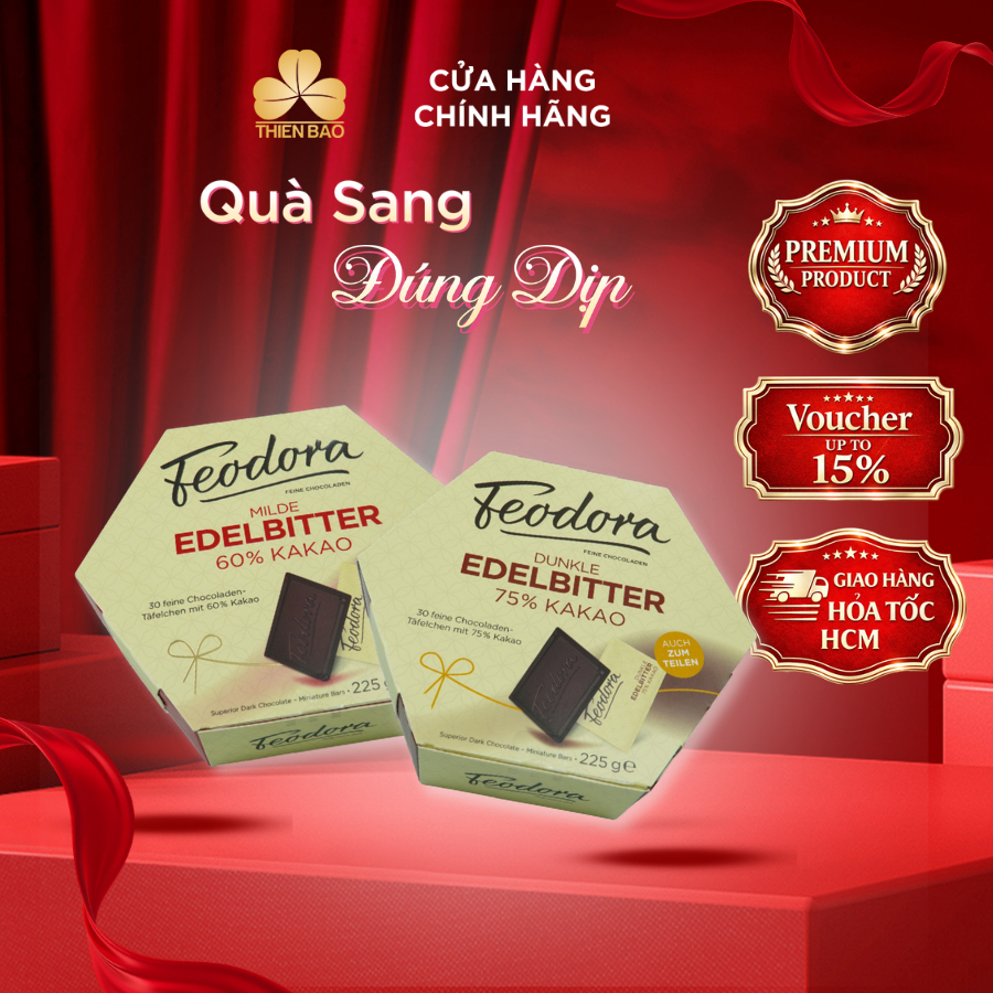 Socola Feodora Dark 60% Cacao & 75% Cacao Hộp Giấy 225g