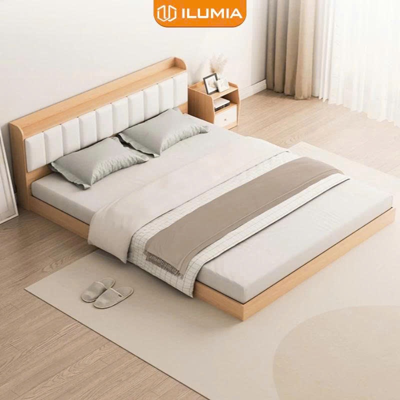 Giường Ngủ Bệt, Giường Đôi Pallet Gỗ MDF chắc chắn có đệm đầu giường 1m6x2m vân gỗ decor phòng ngủ I